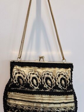 Gold and Black Beaded Vintage Evening Bag with Chain Strap